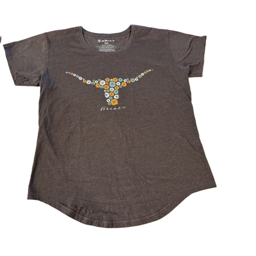 Ariat Floral Longhorn Graphic T-Shirt Women's XXL Brown Short Sleeve Western Tee - Picture 3 of 4